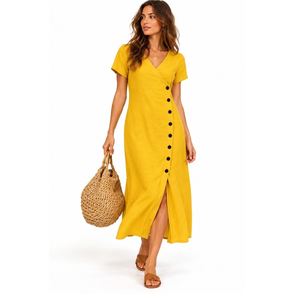 August 1987 Mustard Yellow V-Neck Asymmetric Button Midi Dress Size 6 NWT